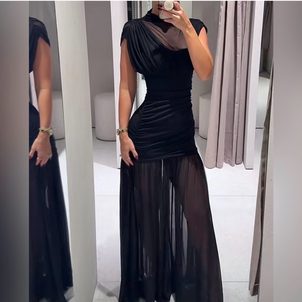 ZARA COMBINED DRAPED MIDI DRESS - Black - Picture 9 of 16